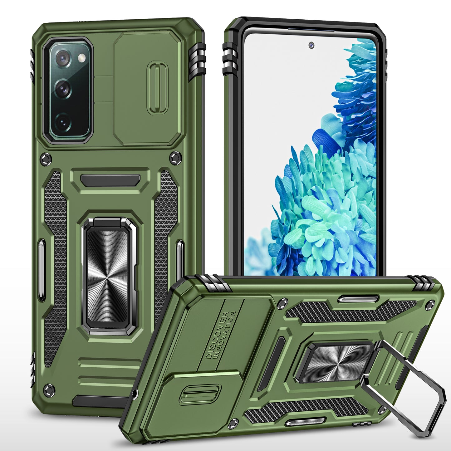 Armor Series for Samsung Galaxy S20 FE 4G / 5G / S20 FE 2022 / S20 Lite Kickstand Design Shockproof Phone Case PC + TPU Protective Back Cover with Slide Camera Cover - Olive Green