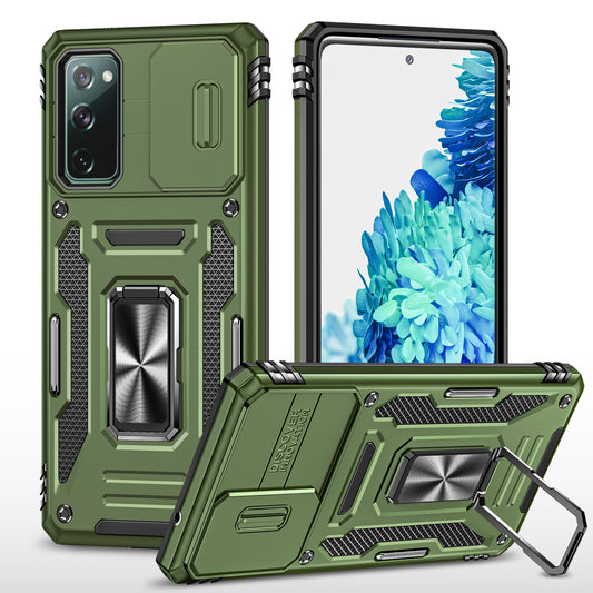 Armor Series for Samsung Galaxy S20 FE 4G / 5G / S20 FE 2022 / S20 Lite Kickstand Design Shockproof Phone Case PC + TPU Protective Back Cover with Slide Camera Cover - Olive Green