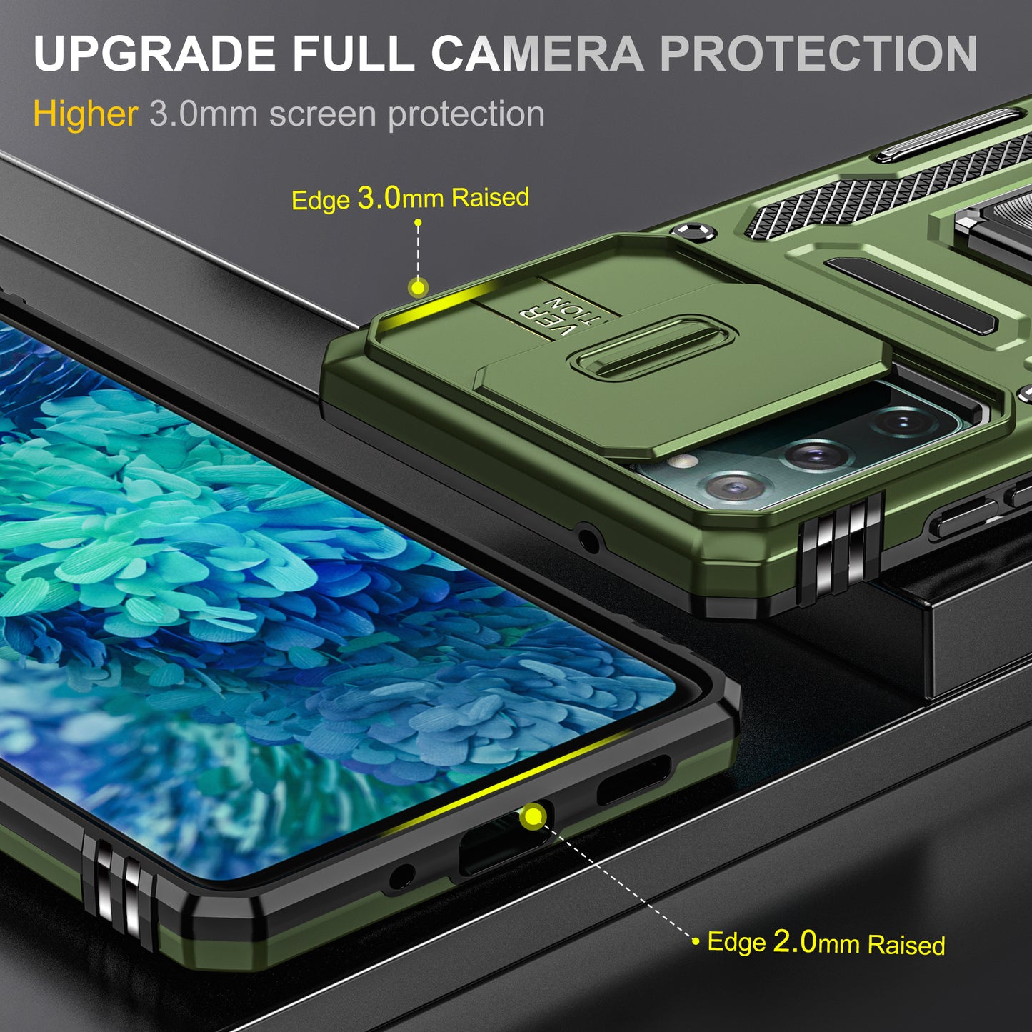 Armor Series for Samsung Galaxy S20 FE 4G / 5G / S20 FE 2022 / S20 Lite Kickstand Design Shockproof Phone Case PC + TPU Protective Back Cover with Slide Camera Cover - Olive Green