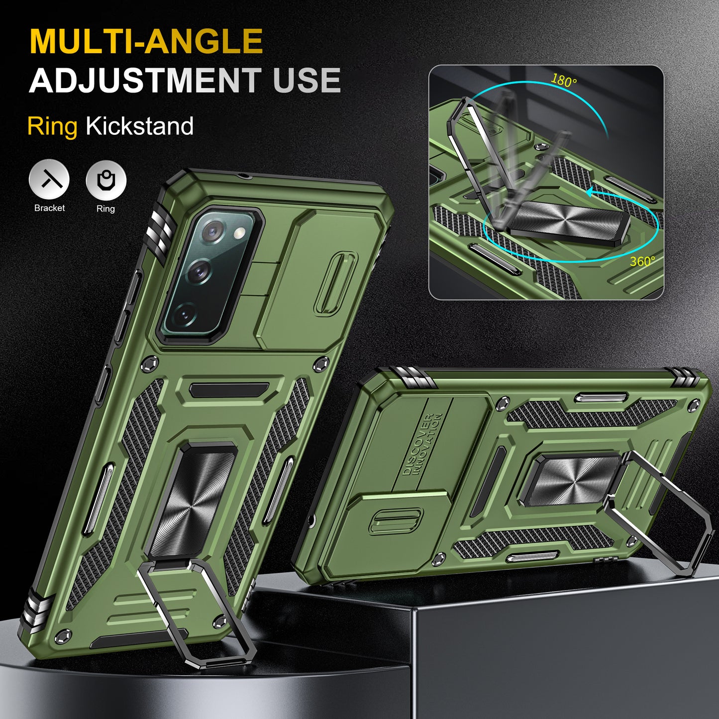 Armor Series for Samsung Galaxy S20 FE 4G / 5G / S20 FE 2022 / S20 Lite Kickstand Design Shockproof Phone Case PC + TPU Protective Back Cover with Slide Camera Cover - Olive Green