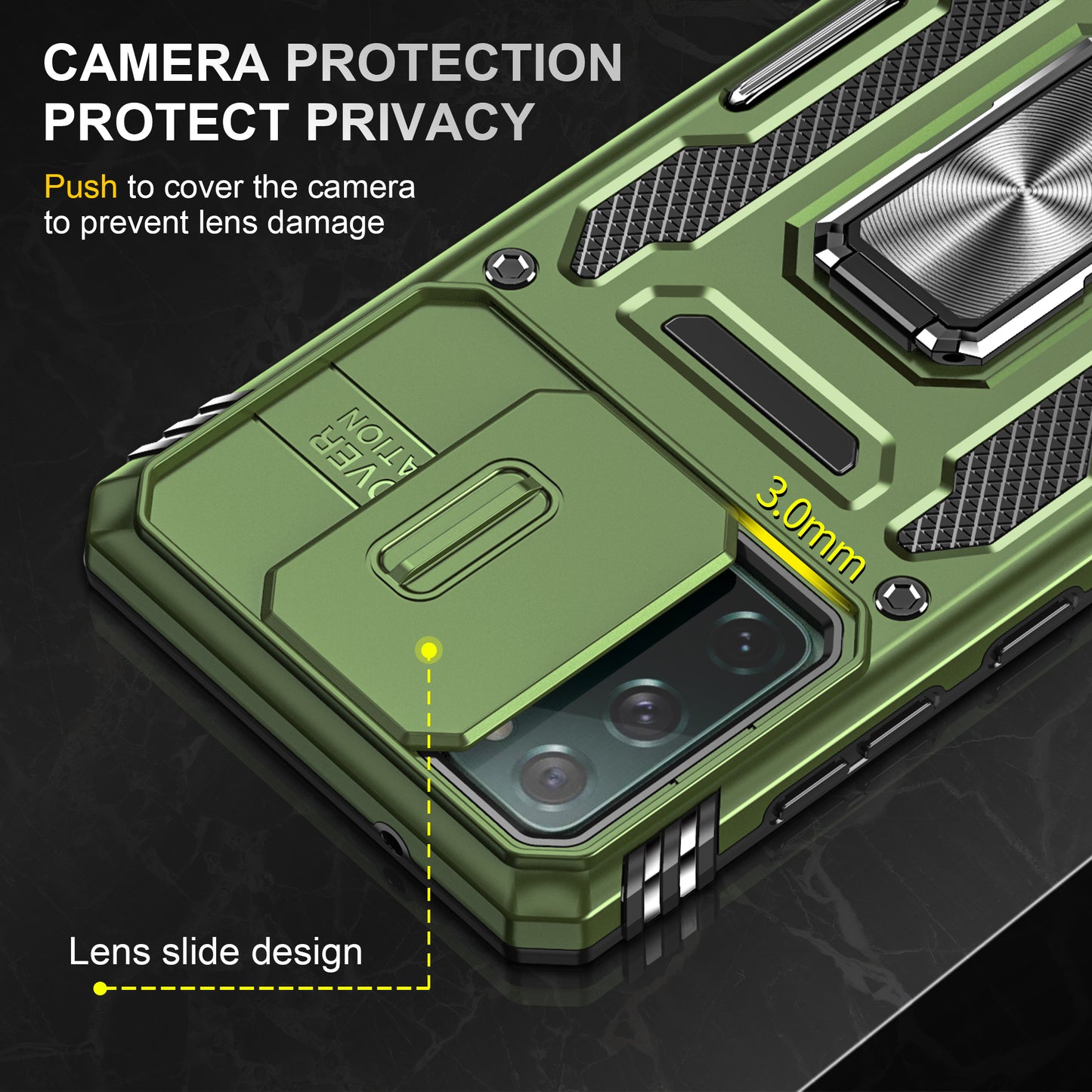 Armor Series for Samsung Galaxy S20 FE 4G / 5G / S20 FE 2022 / S20 Lite Kickstand Design Shockproof Phone Case PC + TPU Protective Back Cover with Slide Camera Cover - Olive Green