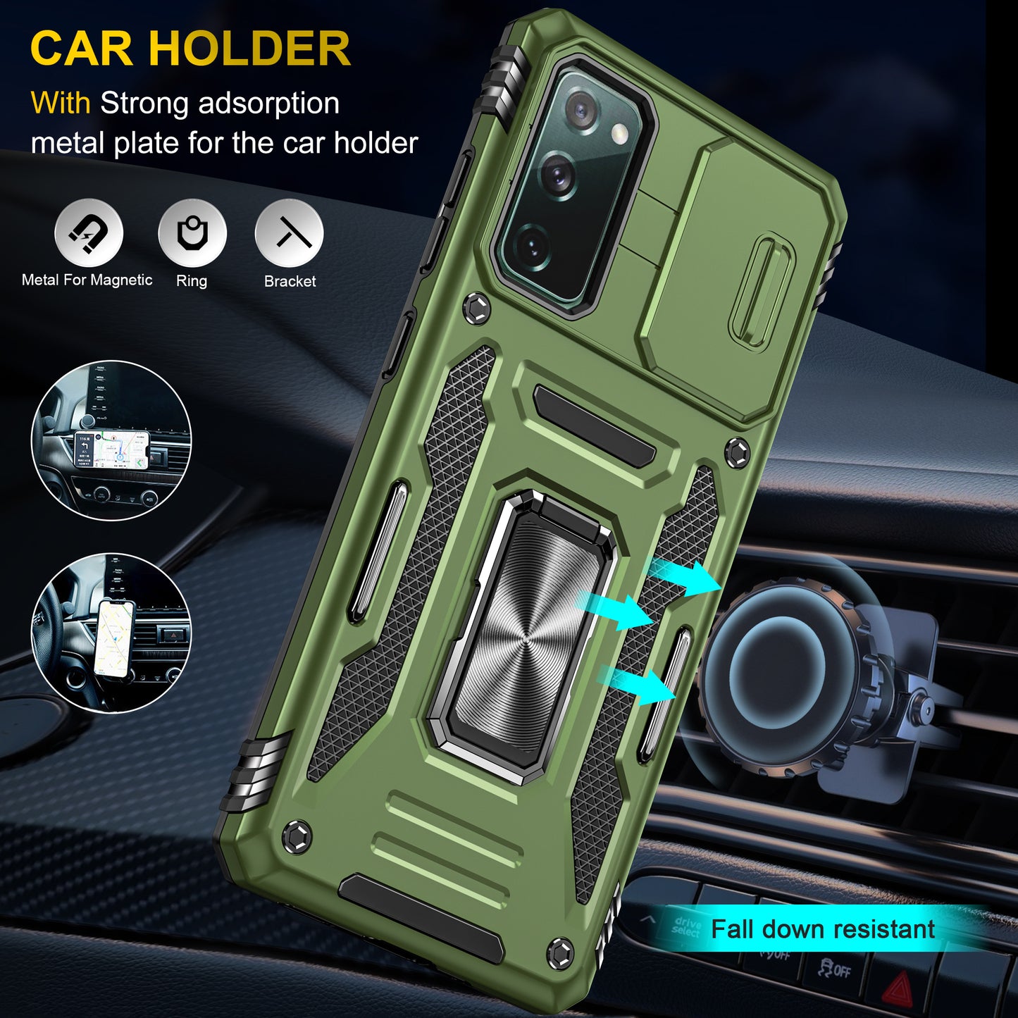 Armor Series for Samsung Galaxy S20 FE 4G / 5G / S20 FE 2022 / S20 Lite Kickstand Design Shockproof Phone Case PC + TPU Protective Back Cover with Slide Camera Cover - Olive Green