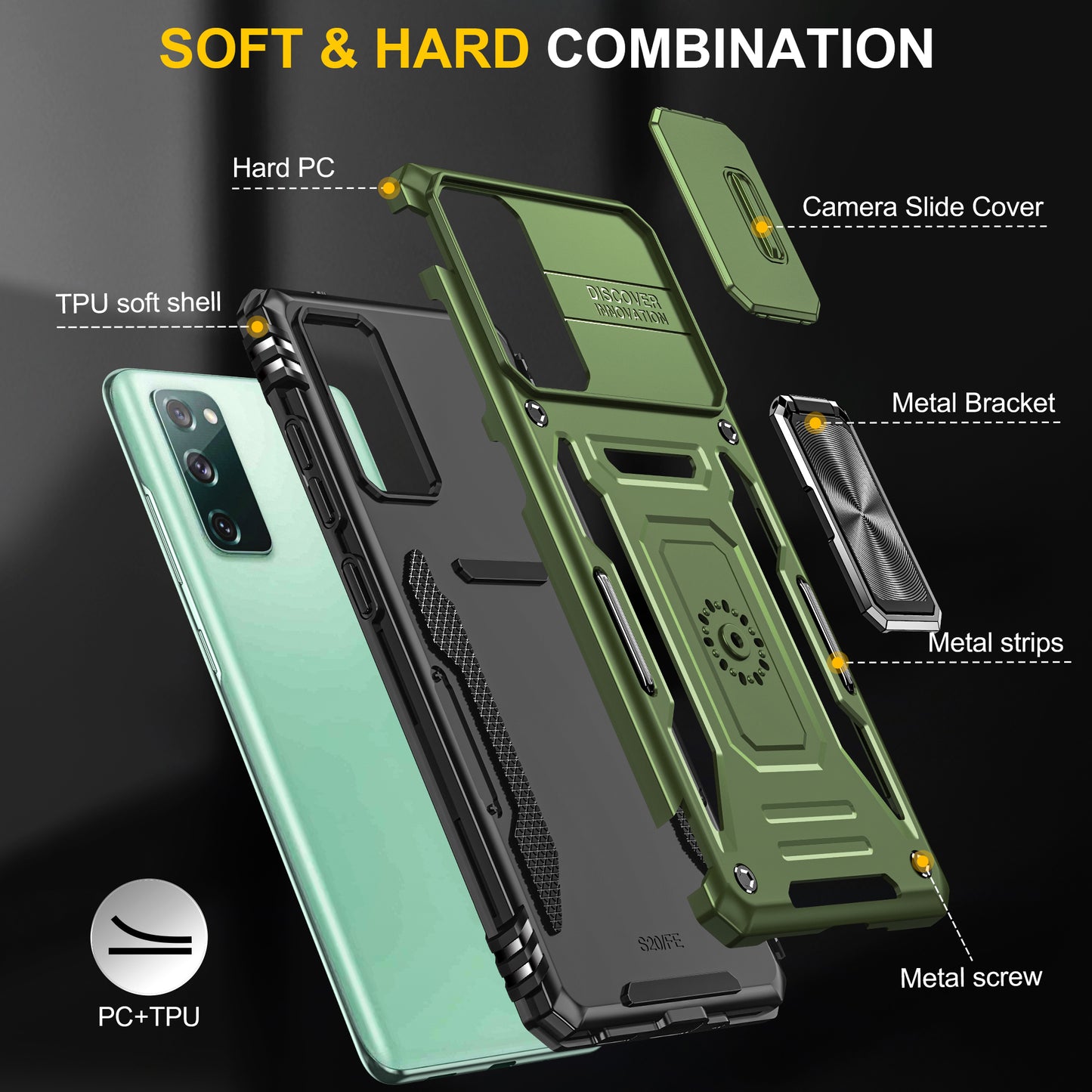 Armor Series for Samsung Galaxy S20 FE 4G / 5G / S20 FE 2022 / S20 Lite Kickstand Design Shockproof Phone Case PC + TPU Protective Back Cover with Slide Camera Cover - Olive Green