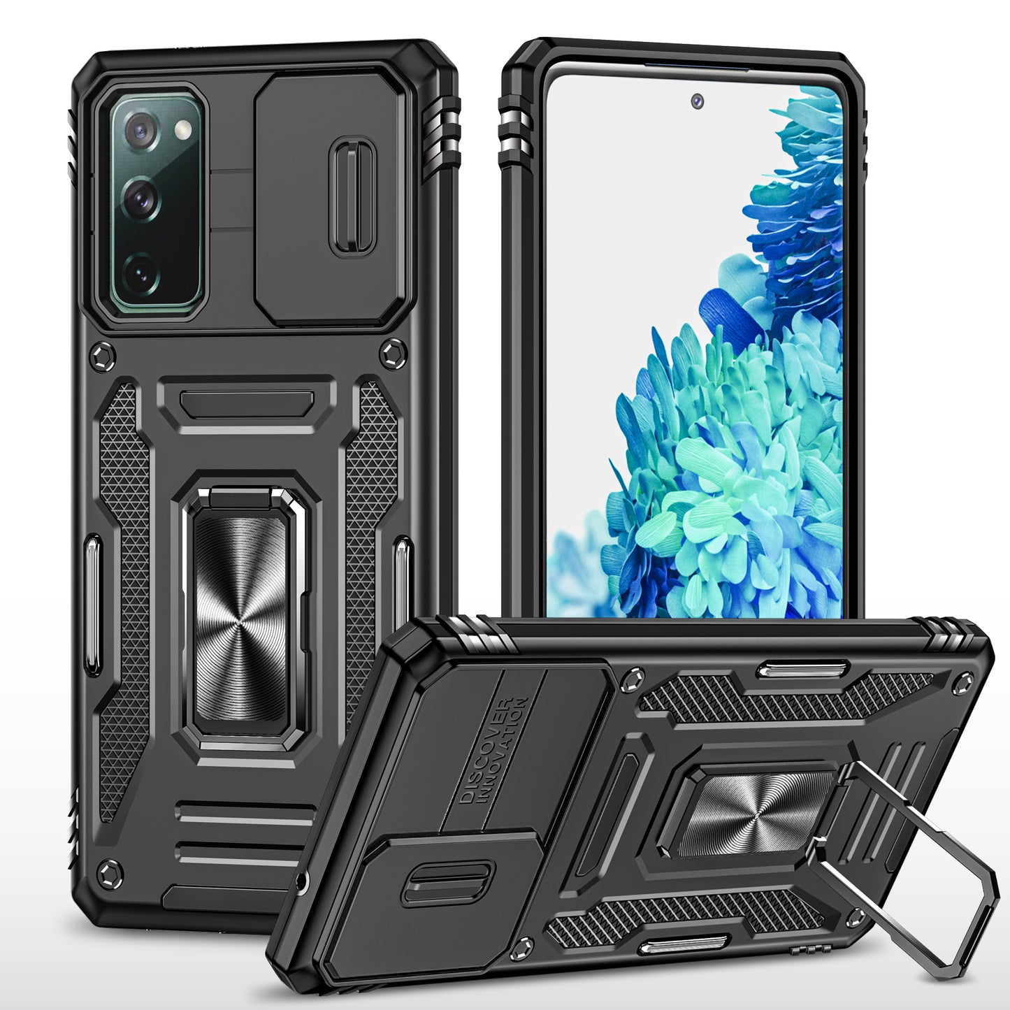 Armor Series for Samsung Galaxy S20 FE 4G / 5G / S20 FE 2022 / S20 Lite Kickstand Design Shockproof Phone Case PC + TPU Protective Back Cover with Slide Camera Cover - Black