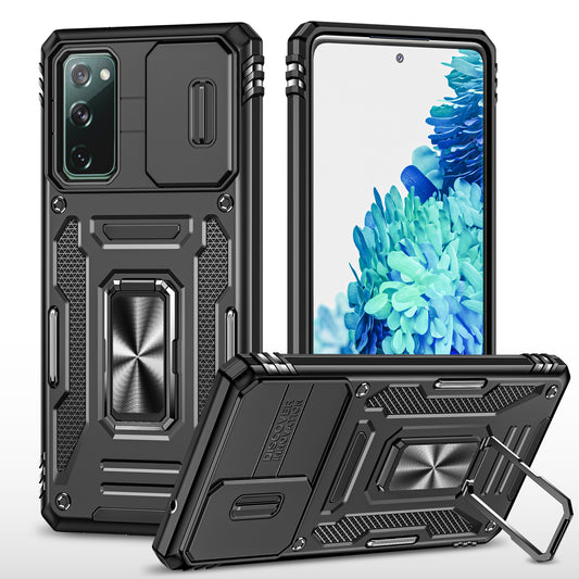 Armor Series for Samsung Galaxy S20 FE 4G / 5G / S20 FE 2022 / S20 Lite Kickstand Design Shockproof Phone Case PC + TPU Protective Back Cover with Slide Camera Cover - Black