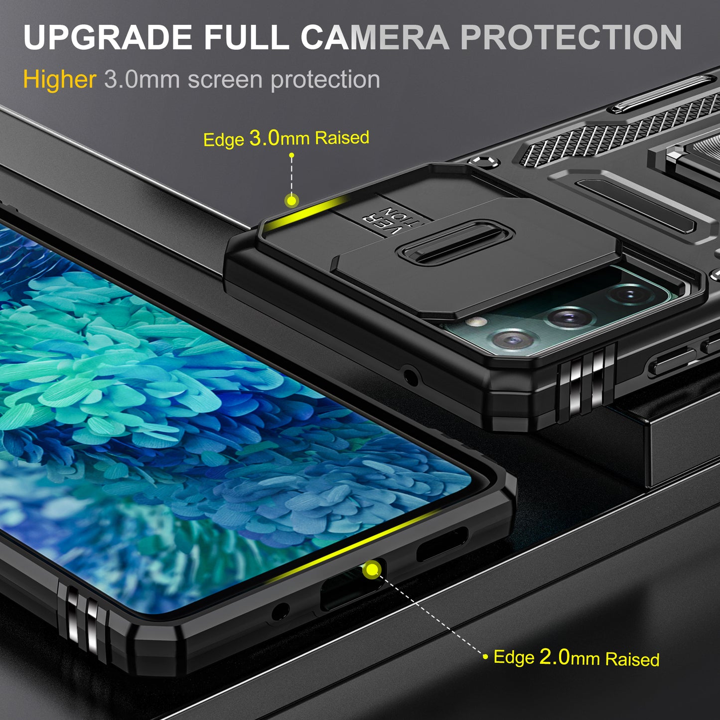 Armor Series for Samsung Galaxy S20 FE 4G / 5G / S20 FE 2022 / S20 Lite Kickstand Design Shockproof Phone Case PC + TPU Protective Back Cover with Slide Camera Cover - Black