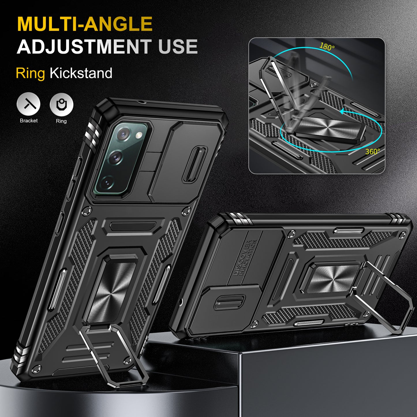 Armor Series for Samsung Galaxy S20 FE 4G / 5G / S20 FE 2022 / S20 Lite Kickstand Design Shockproof Phone Case PC + TPU Protective Back Cover with Slide Camera Cover - Black