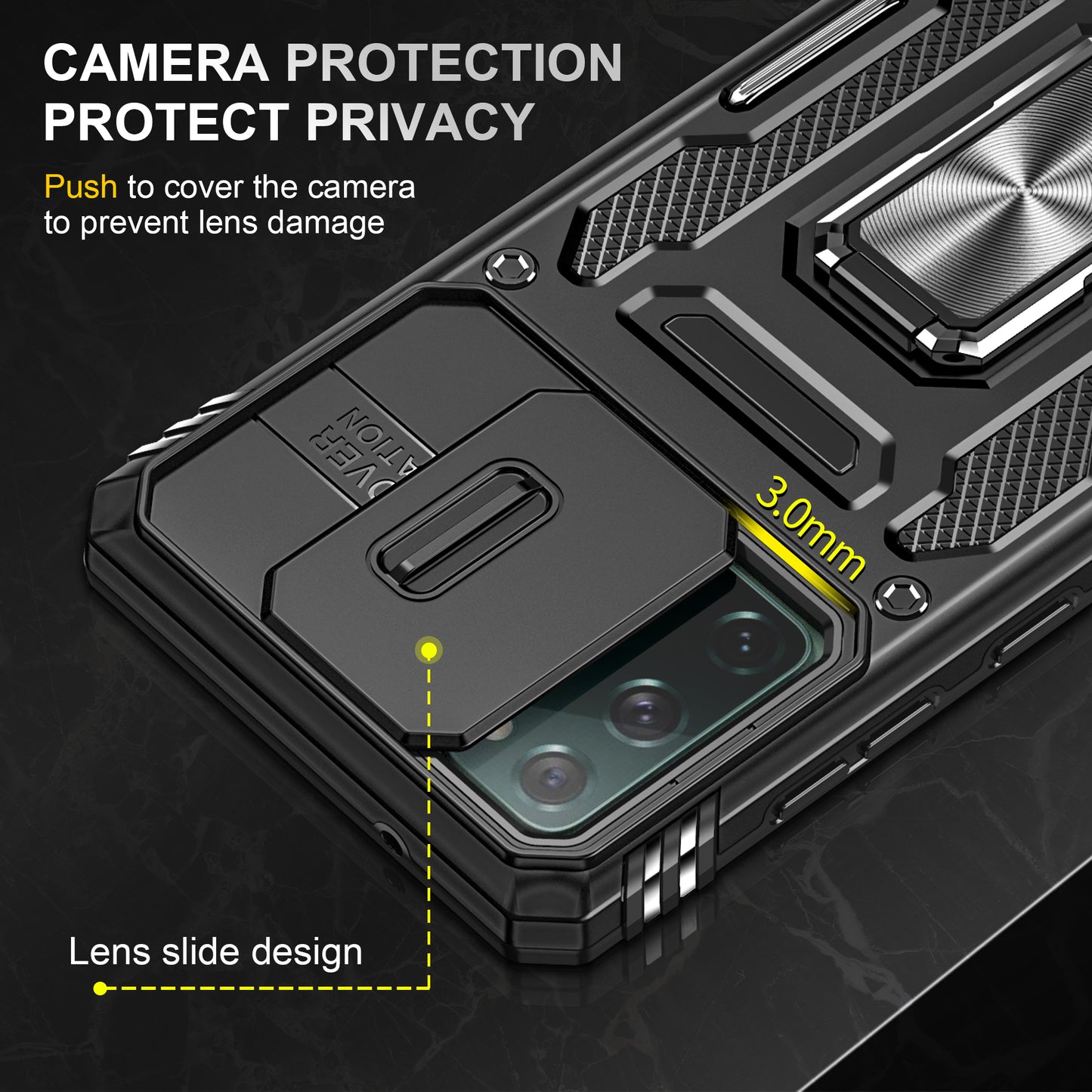 Armor Series for Samsung Galaxy S20 FE 4G / 5G / S20 FE 2022 / S20 Lite Kickstand Design Shockproof Phone Case PC + TPU Protective Back Cover with Slide Camera Cover - Black