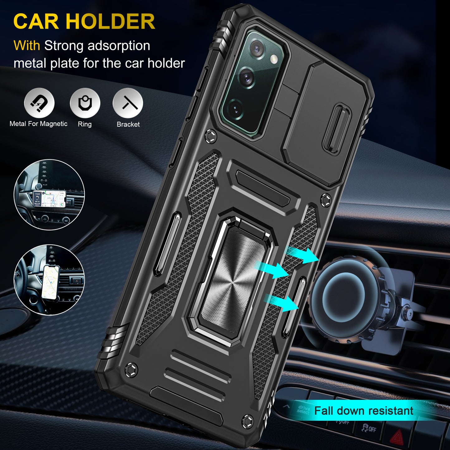 Armor Series for Samsung Galaxy S20 FE 4G / 5G / S20 FE 2022 / S20 Lite Kickstand Design Shockproof Phone Case PC + TPU Protective Back Cover with Slide Camera Cover - Black