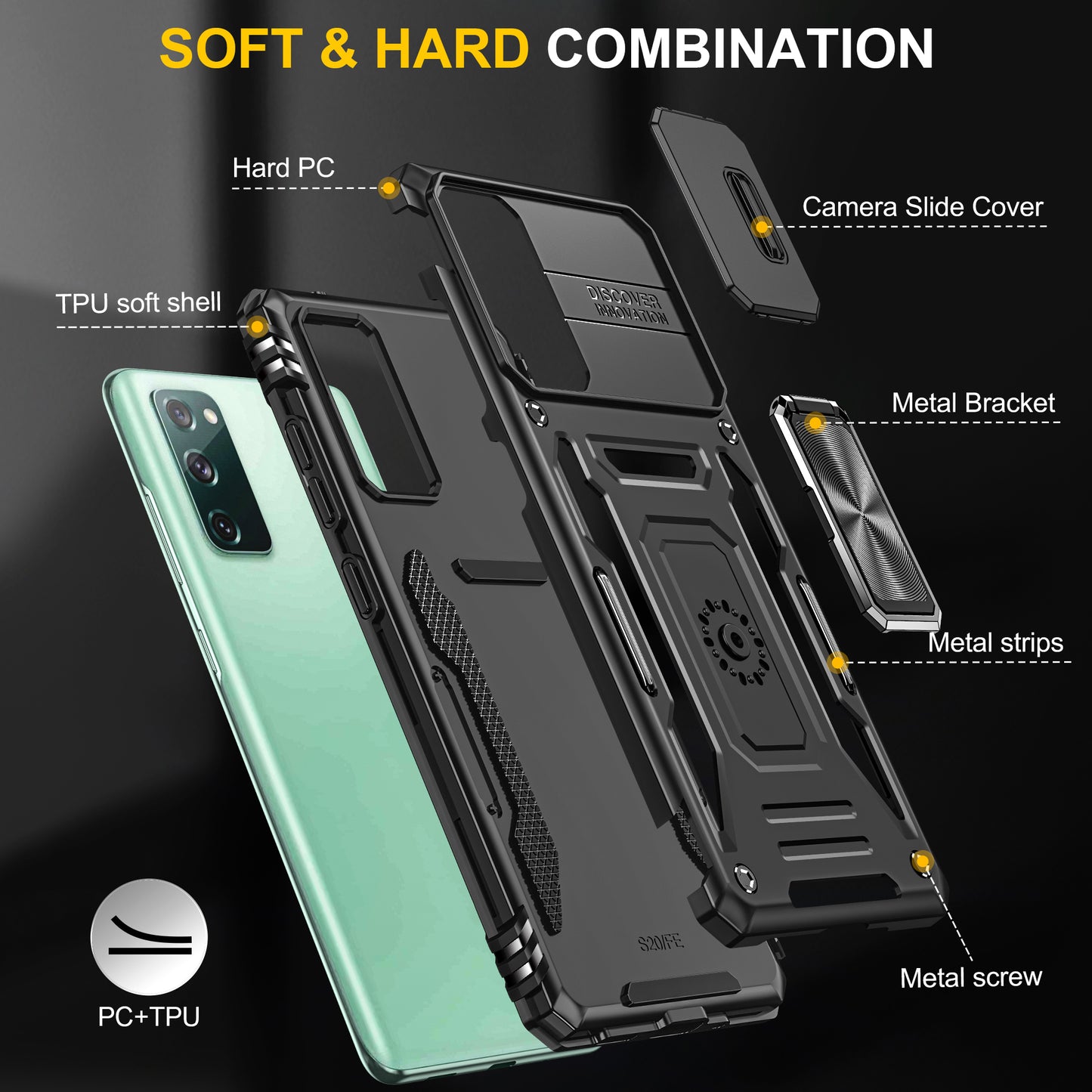 Armor Series for Samsung Galaxy S20 FE 4G / 5G / S20 FE 2022 / S20 Lite Kickstand Design Shockproof Phone Case PC + TPU Protective Back Cover with Slide Camera Cover - Black