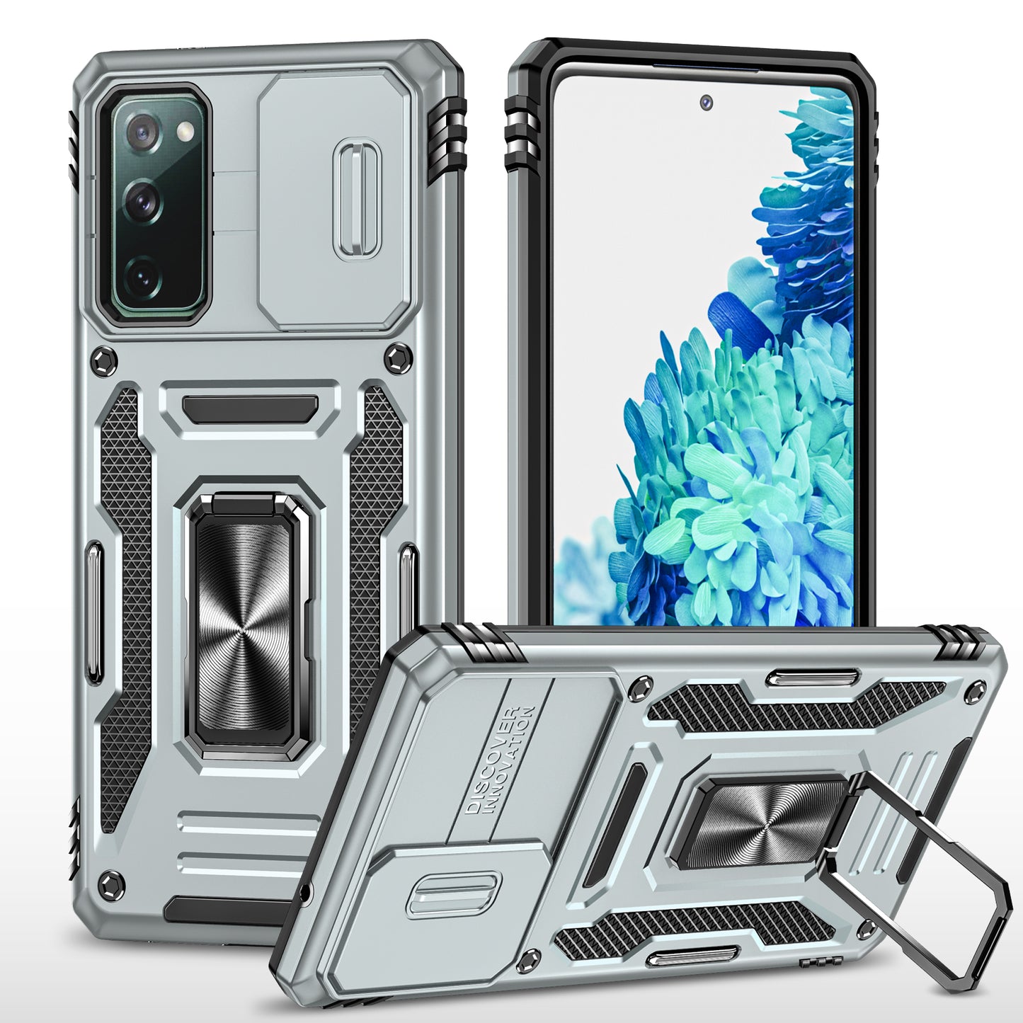 Armor Series for Samsung Galaxy S20 FE 4G / 5G / S20 FE 2022 / S20 Lite Kickstand Design Shockproof Phone Case PC + TPU Protective Back Cover with Slide Camera Cover - Grey