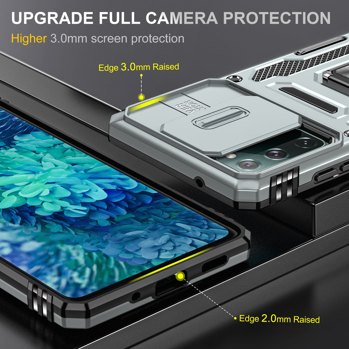 Armor Series for Samsung Galaxy S20 FE 4G / 5G / S20 FE 2022 / S20 Lite Kickstand Design Shockproof Phone Case PC + TPU Protective Back Cover with Slide Camera Cover - Grey