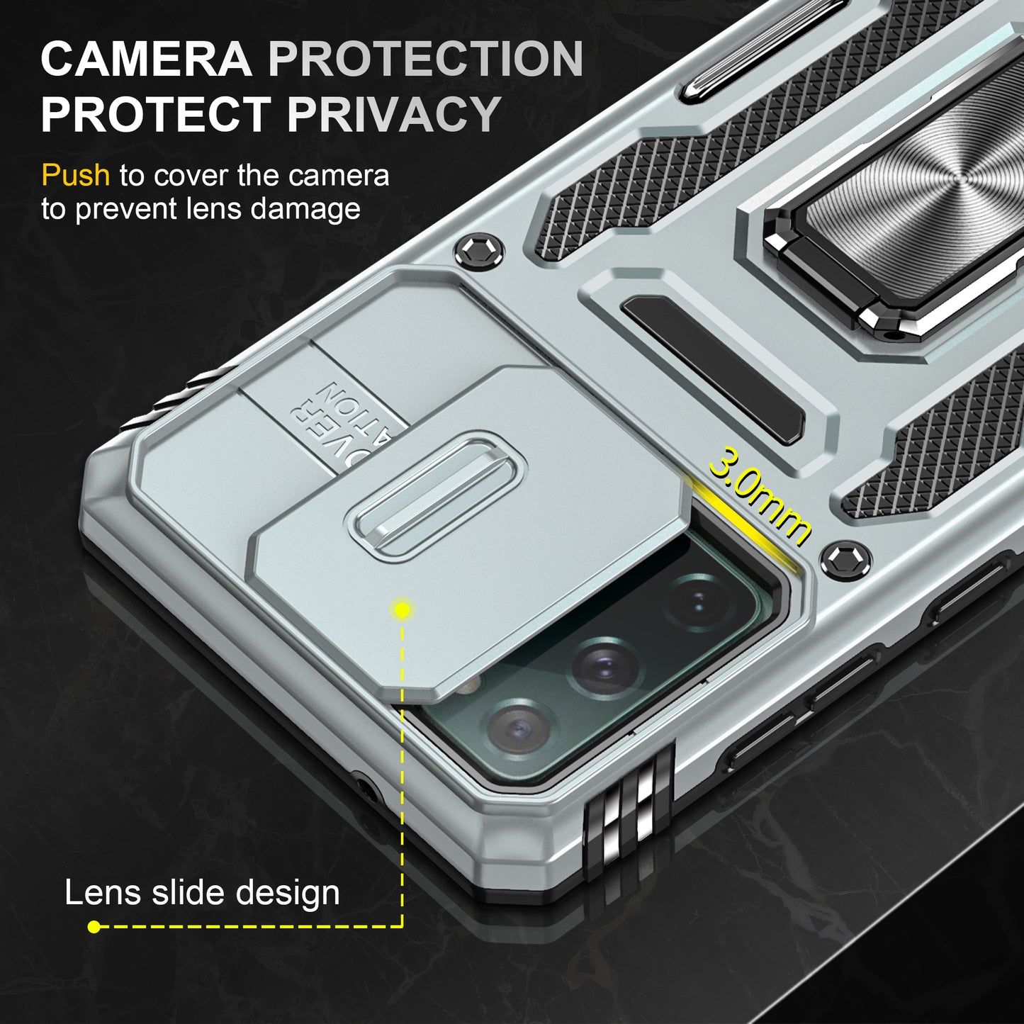 Armor Series for Samsung Galaxy S20 FE 4G / 5G / S20 FE 2022 / S20 Lite Kickstand Design Shockproof Phone Case PC + TPU Protective Back Cover with Slide Camera Cover - Grey