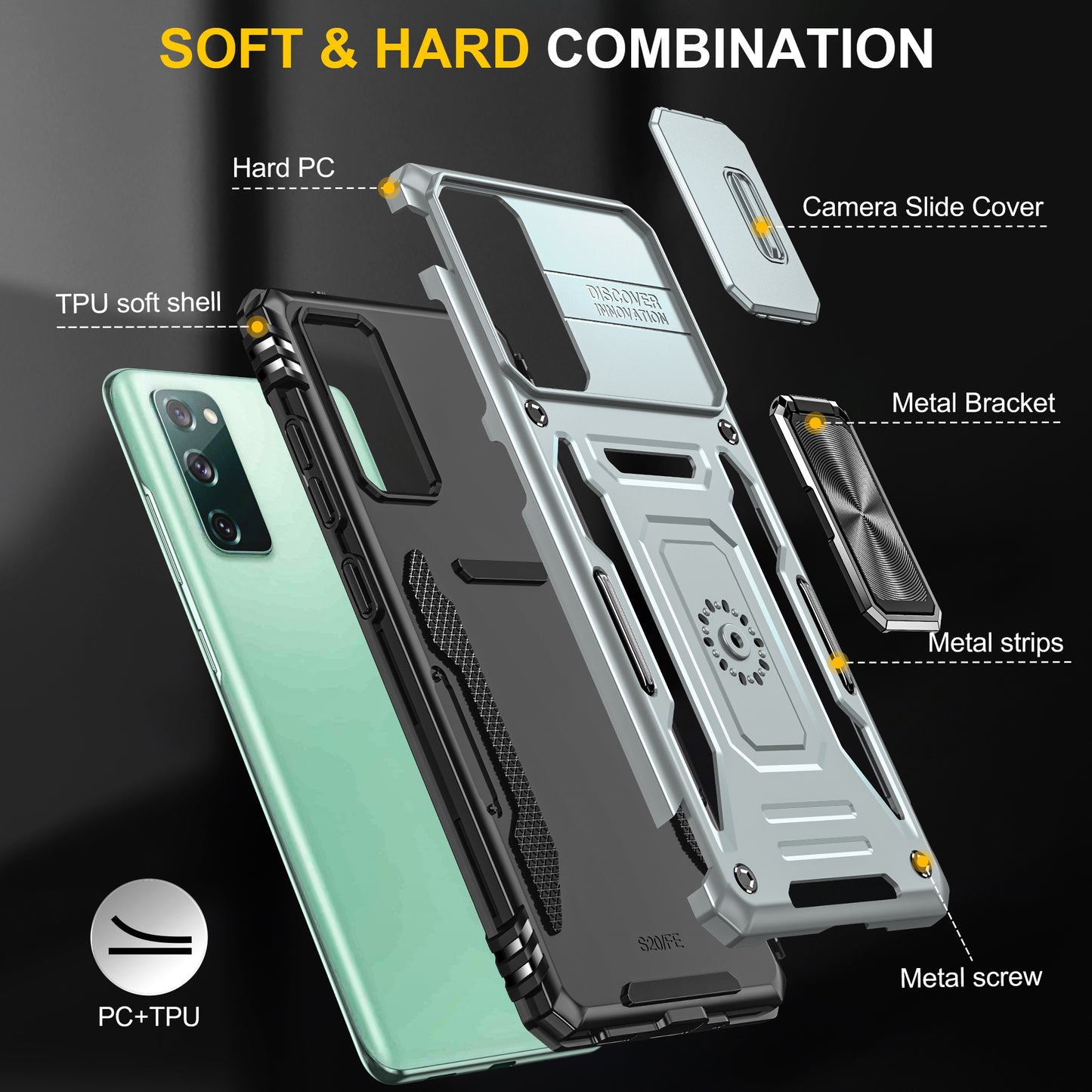 Armor Series for Samsung Galaxy S20 FE 4G / 5G / S20 FE 2022 / S20 Lite Kickstand Design Shockproof Phone Case PC + TPU Protective Back Cover with Slide Camera Cover - Grey