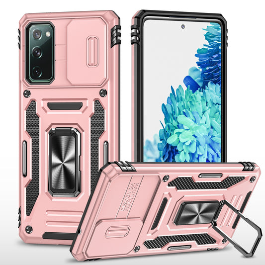 Armor Series for Samsung Galaxy S20 FE 4G / 5G / S20 FE 2022 / S20 Lite Kickstand Design Shockproof Phone Case PC + TPU Protective Back Cover with Slide Camera Cover - Rose Gold