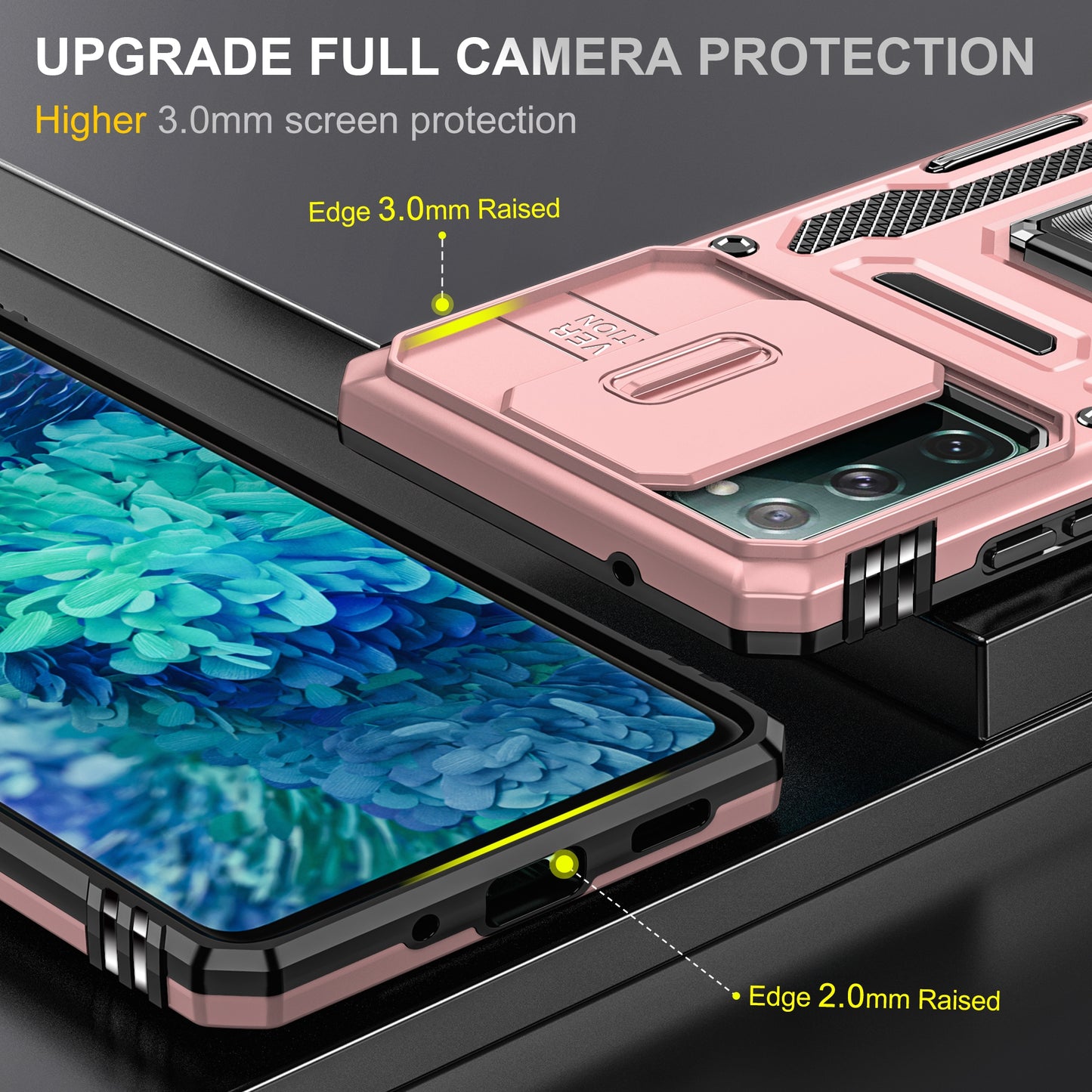 Armor Series for Samsung Galaxy S20 FE 4G / 5G / S20 FE 2022 / S20 Lite Kickstand Design Shockproof Phone Case PC + TPU Protective Back Cover with Slide Camera Cover - Rose Gold