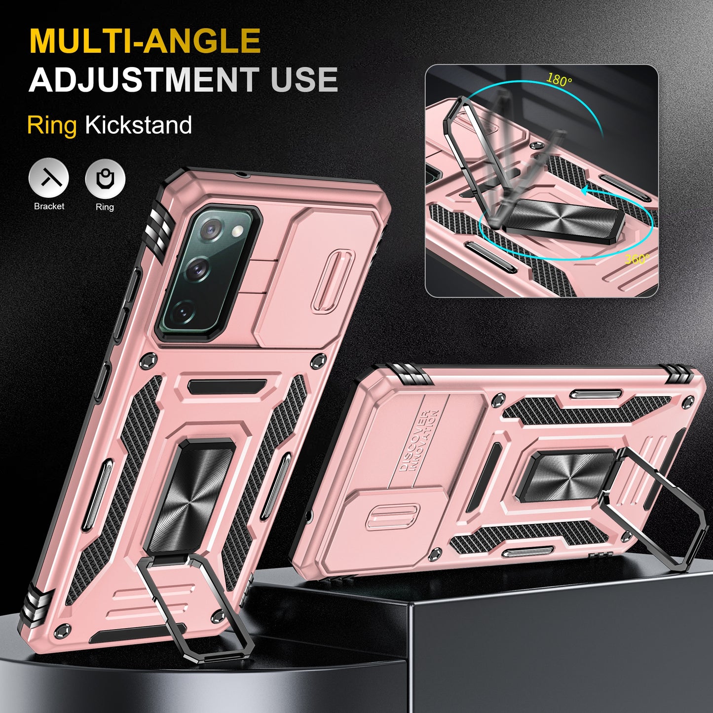 Armor Series for Samsung Galaxy S20 FE 4G / 5G / S20 FE 2022 / S20 Lite Kickstand Design Shockproof Phone Case PC + TPU Protective Back Cover with Slide Camera Cover - Rose Gold