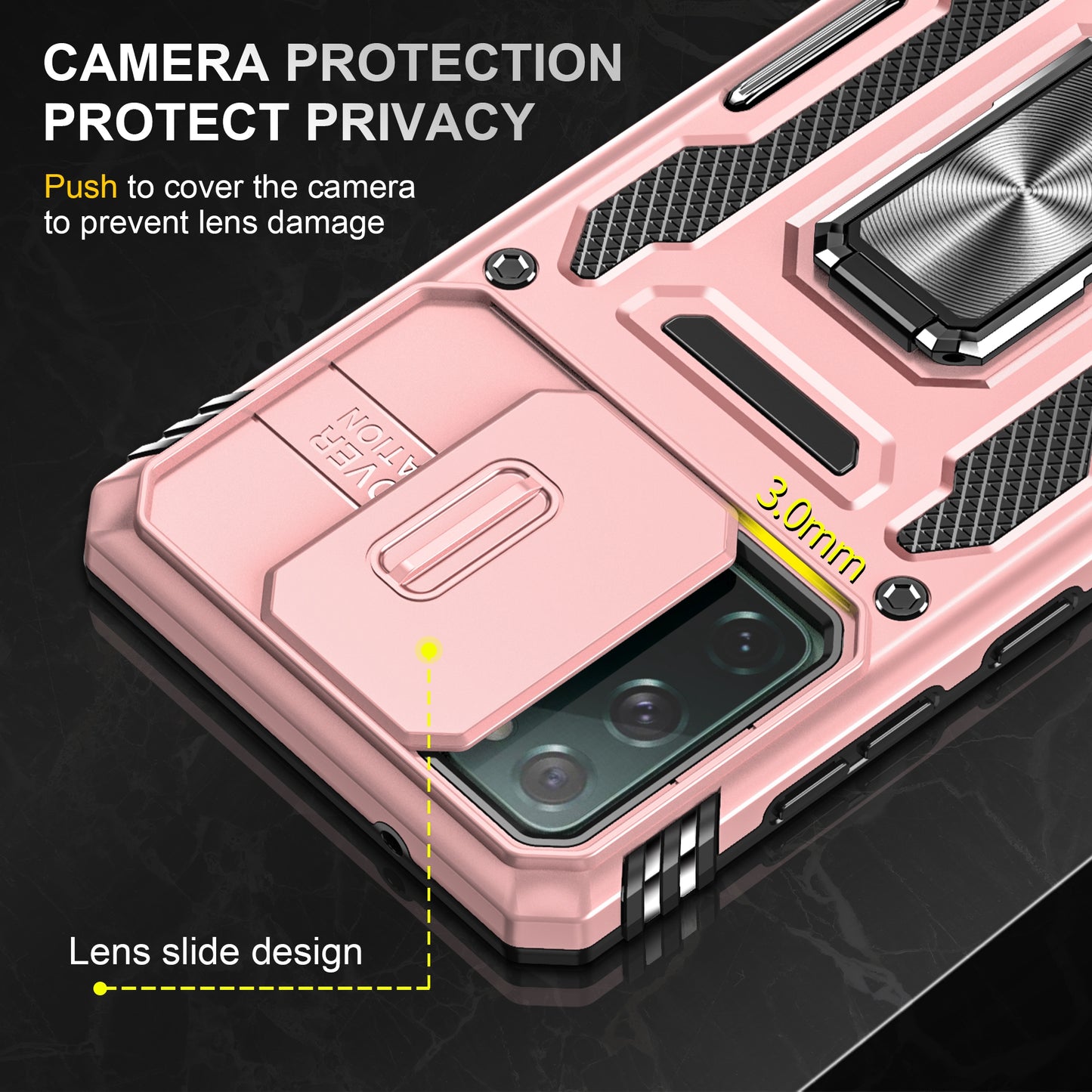 Armor Series for Samsung Galaxy S20 FE 4G / 5G / S20 FE 2022 / S20 Lite Kickstand Design Shockproof Phone Case PC + TPU Protective Back Cover with Slide Camera Cover - Rose Gold