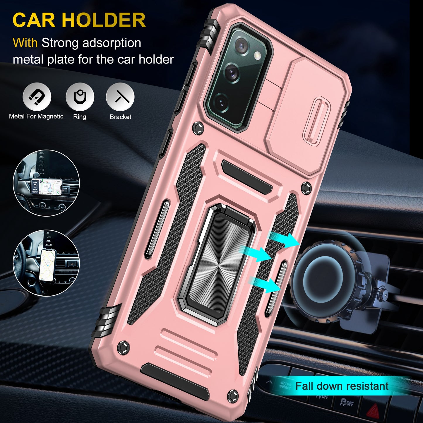 Armor Series for Samsung Galaxy S20 FE 4G / 5G / S20 FE 2022 / S20 Lite Kickstand Design Shockproof Phone Case PC + TPU Protective Back Cover with Slide Camera Cover - Rose Gold