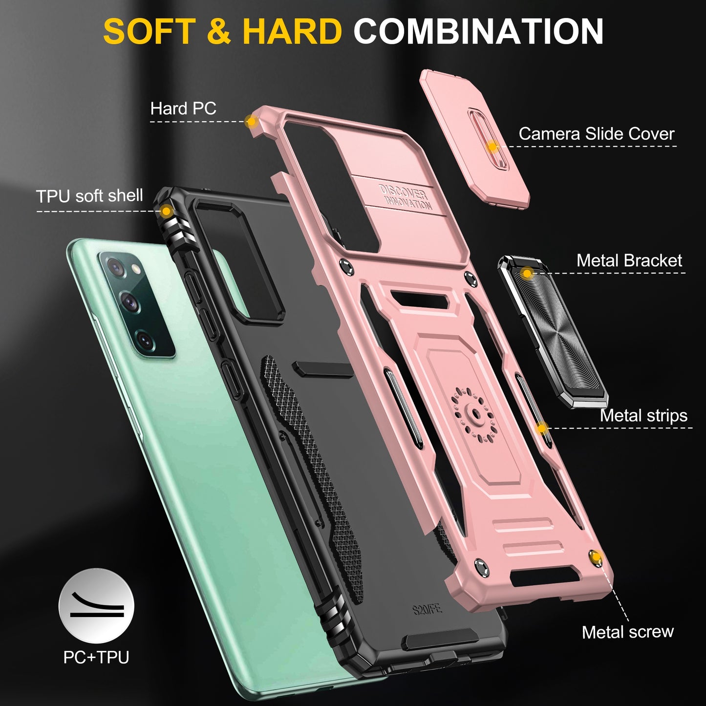 Armor Series for Samsung Galaxy S20 FE 4G / 5G / S20 FE 2022 / S20 Lite Kickstand Design Shockproof Phone Case PC + TPU Protective Back Cover with Slide Camera Cover - Rose Gold