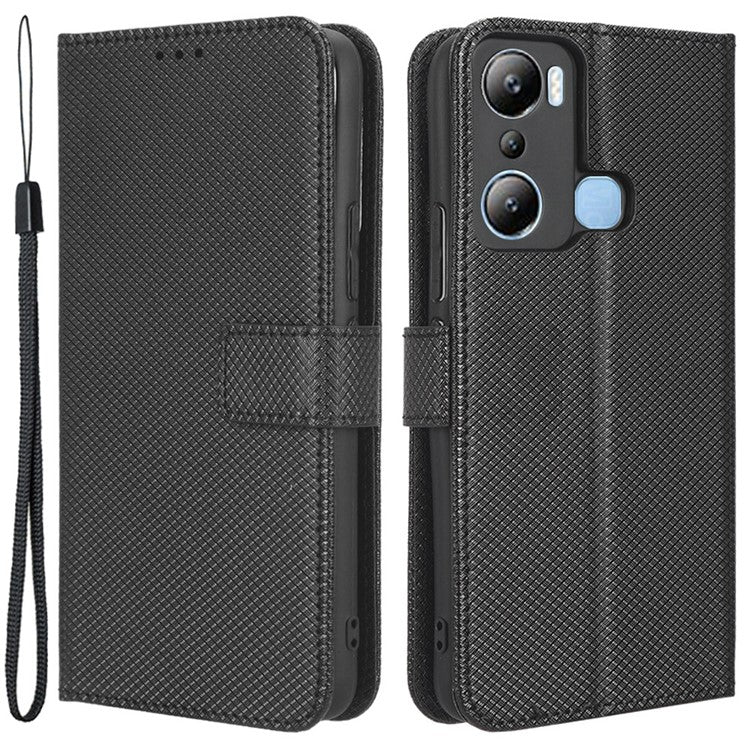 For Infinix Hot 20i 4G X665C / X665E Diamond Texture PU Leather Case Full Protection Stand Wallet Phone Cover with Strap - Black