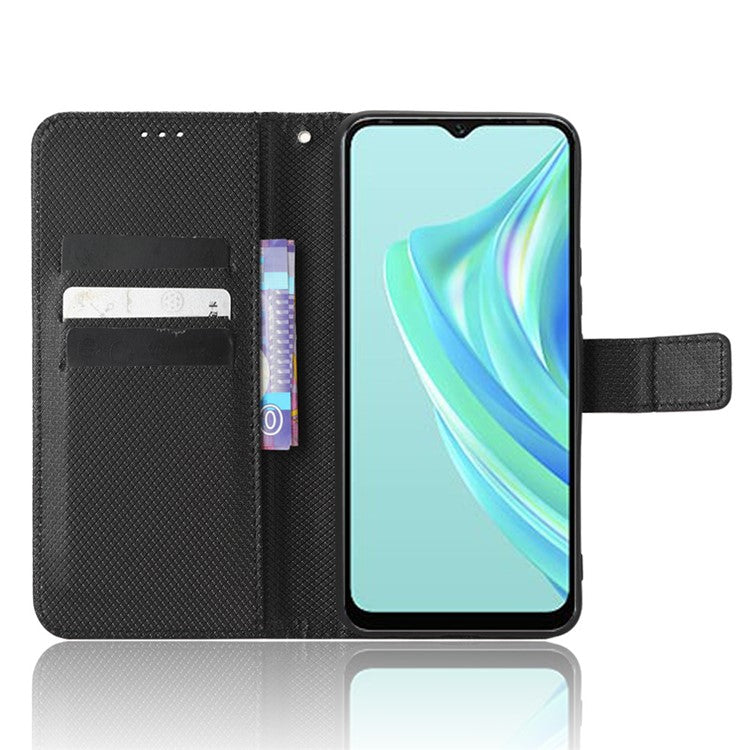 For Infinix Hot 20i 4G X665C / X665E Diamond Texture PU Leather Case Full Protection Stand Wallet Phone Cover with Strap - Black