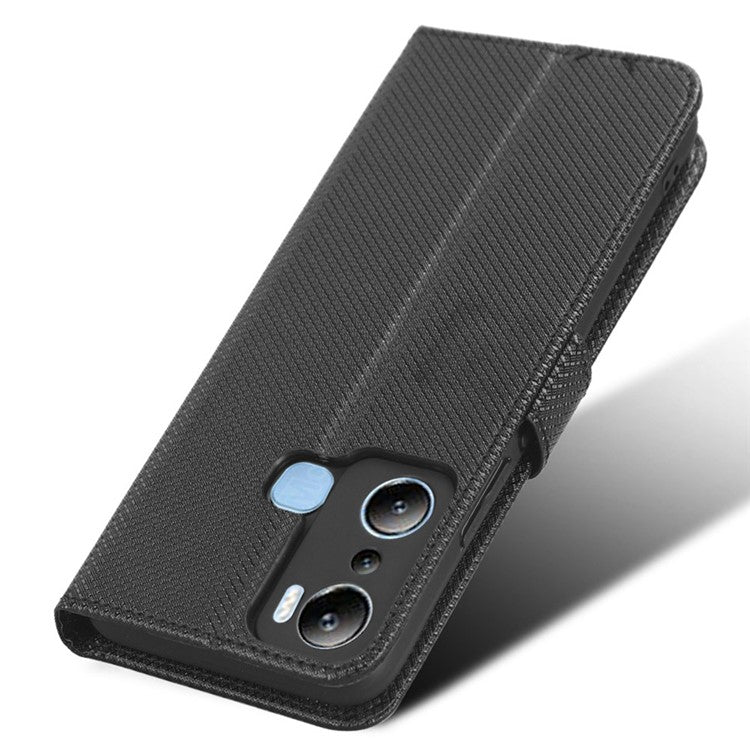 For Infinix Hot 20i 4G X665C / X665E Diamond Texture PU Leather Case Full Protection Stand Wallet Phone Cover with Strap - Black