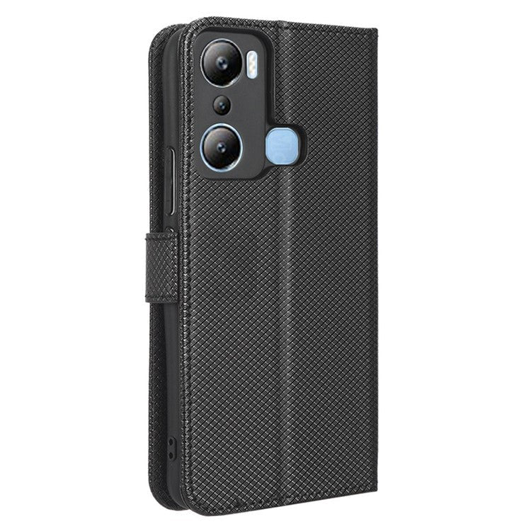 For Infinix Hot 20i 4G X665C / X665E Diamond Texture PU Leather Case Full Protection Stand Wallet Phone Cover with Strap - Black