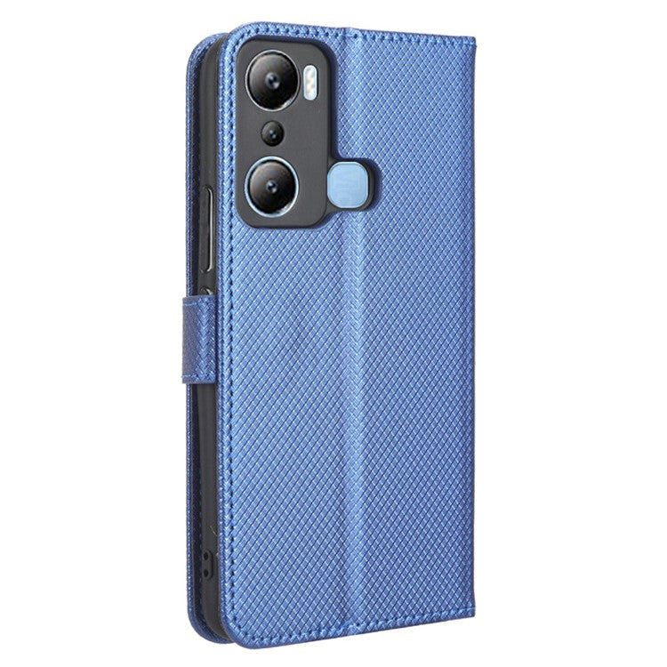 For Infinix Hot 20i 4G X665C / X665E Diamond Texture PU Leather Case Full Protection Stand Wallet Phone Cover with Strap - Blue