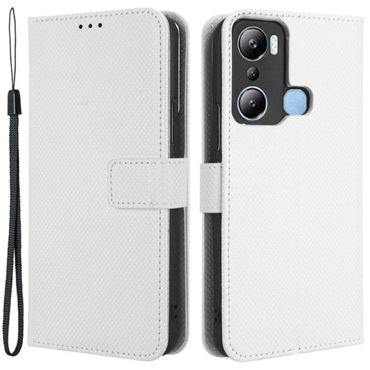 For Infinix Hot 20i 4G X665C / X665E Diamond Texture PU Leather Case Full Protection Stand Wallet Phone Cover with Strap - White