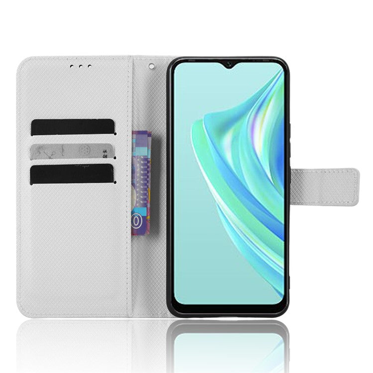For Infinix Hot 20i 4G X665C / X665E Diamond Texture PU Leather Case Full Protection Stand Wallet Phone Cover with Strap - White