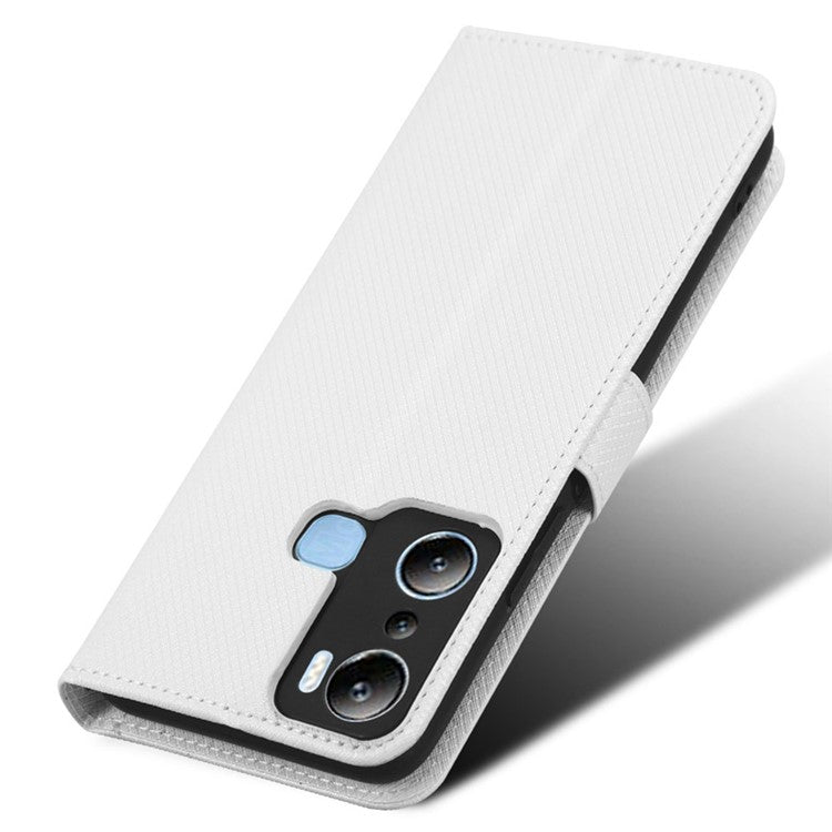 For Infinix Hot 20i 4G X665C / X665E Diamond Texture PU Leather Case Full Protection Stand Wallet Phone Cover with Strap - White