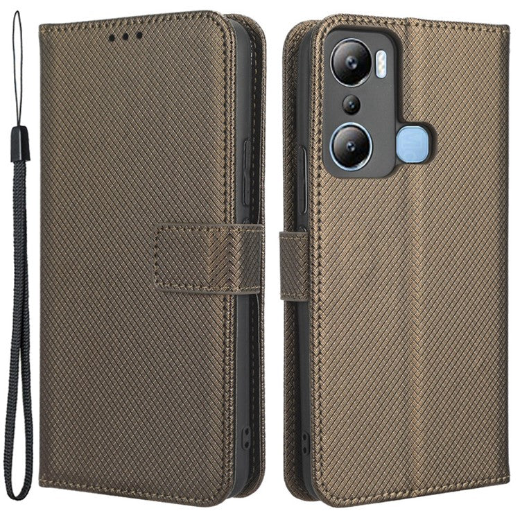 For Infinix Hot 20i 4G X665C / X665E Diamond Texture PU Leather Case Full Protection Stand Wallet Phone Cover with Strap - Brown