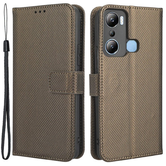 For Infinix Hot 20i 4G X665C / X665E Diamond Texture PU Leather Case Full Protection Stand Wallet Phone Cover with Strap - Brown