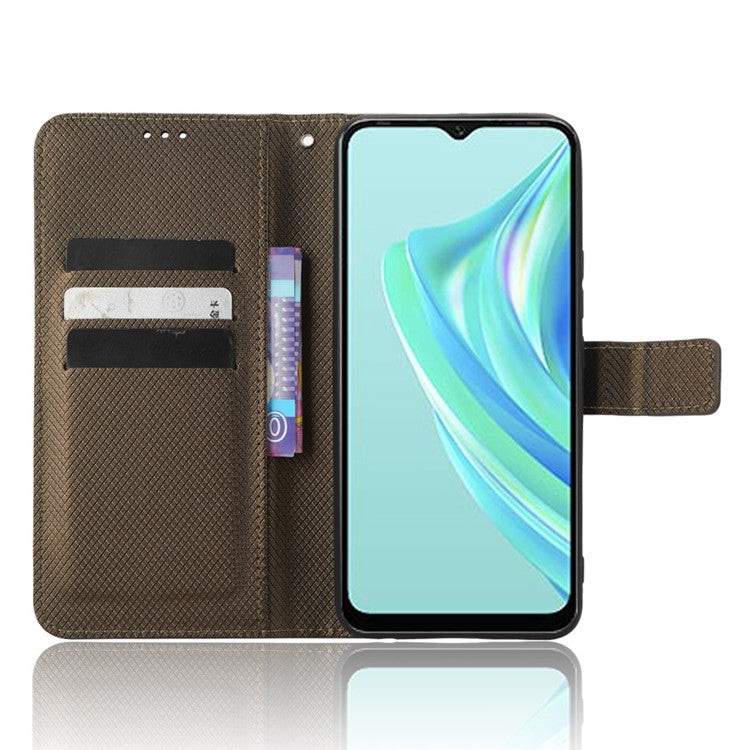 For Infinix Hot 20i 4G X665C / X665E Diamond Texture PU Leather Case Full Protection Stand Wallet Phone Cover with Strap - Brown