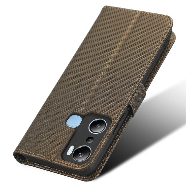 For Infinix Hot 20i 4G X665C / X665E Diamond Texture PU Leather Case Full Protection Stand Wallet Phone Cover with Strap - Brown