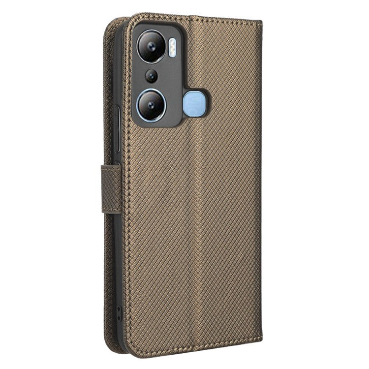 For Infinix Hot 20i 4G X665C / X665E Diamond Texture PU Leather Case Full Protection Stand Wallet Phone Cover with Strap - Brown