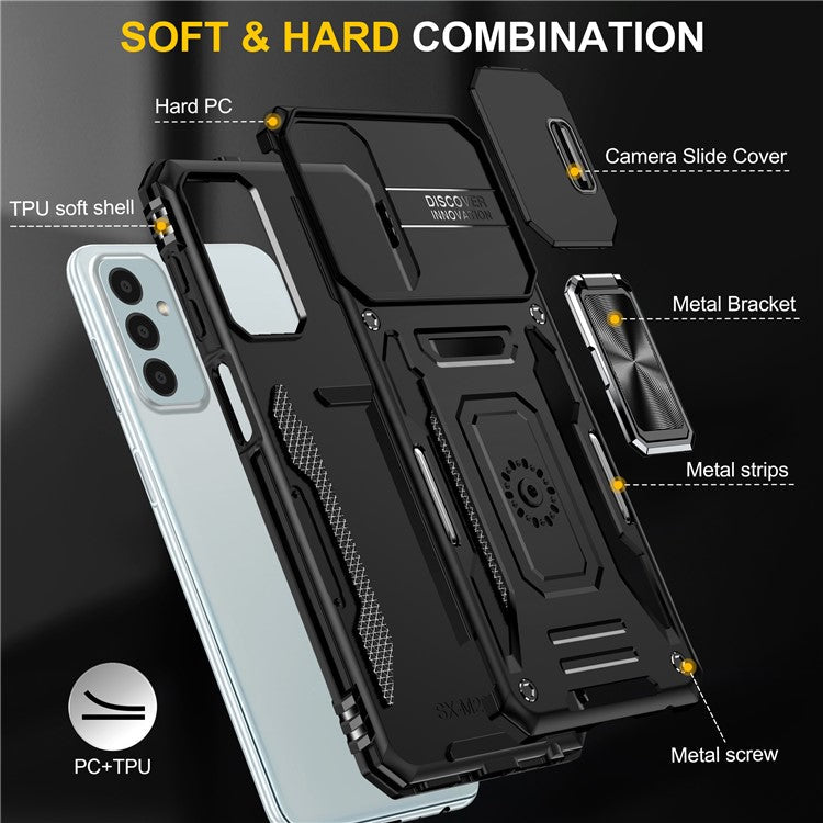 Armor Series for Samsung Galaxy M23 5G / F23 5G / M13 4G PC + TPU Anti-Scratch Phone Case Slide Camera Protection Kickstand Shockproof Cover - Black
