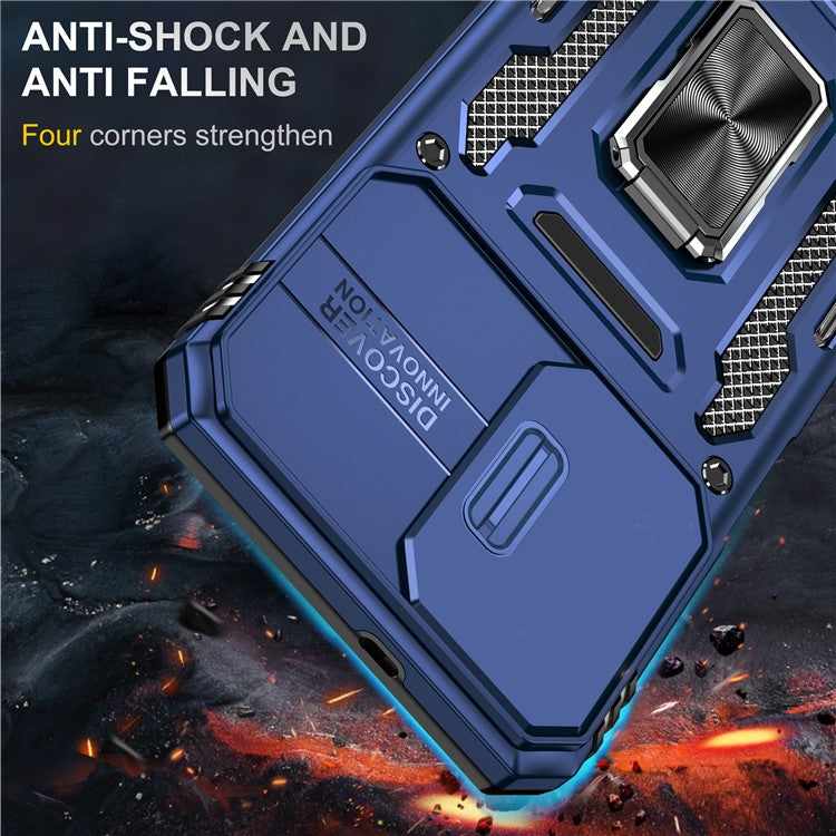 Armor Series for Samsung Galaxy M23 5G / F23 5G / M13 4G PC + TPU Anti-Scratch Phone Case Slide Camera Protection Kickstand Shockproof Cover - Navy Blue