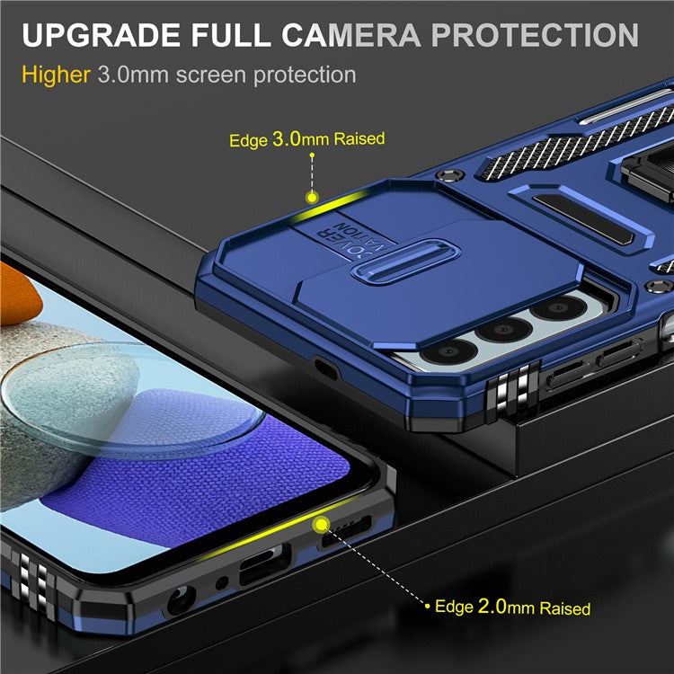 Armor Series for Samsung Galaxy M23 5G / F23 5G / M13 4G PC + TPU Anti-Scratch Phone Case Slide Camera Protection Kickstand Shockproof Cover - Navy Blue