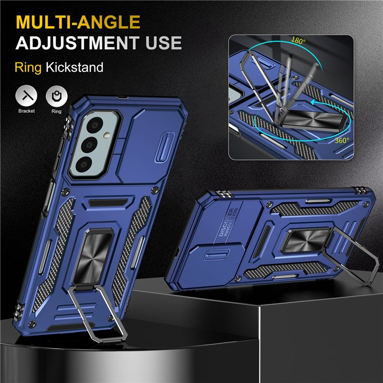 Armor Series for Samsung Galaxy M23 5G / F23 5G / M13 4G PC + TPU Anti-Scratch Phone Case Slide Camera Protection Kickstand Shockproof Cover - Navy Blue