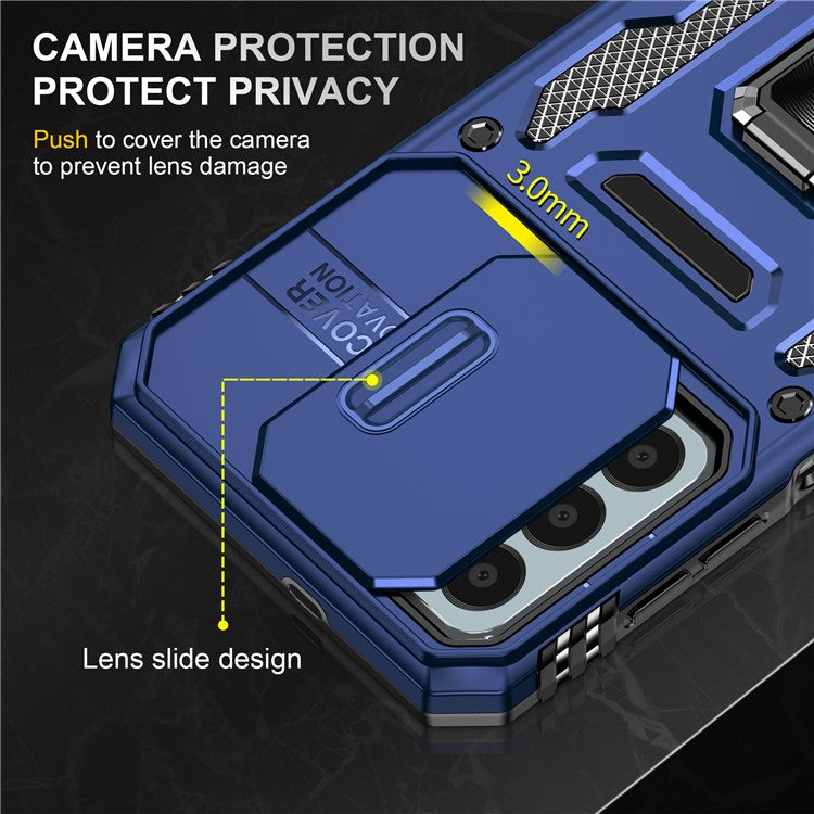 Armor Series for Samsung Galaxy M23 5G / F23 5G / M13 4G PC + TPU Anti-Scratch Phone Case Slide Camera Protection Kickstand Shockproof Cover - Navy Blue