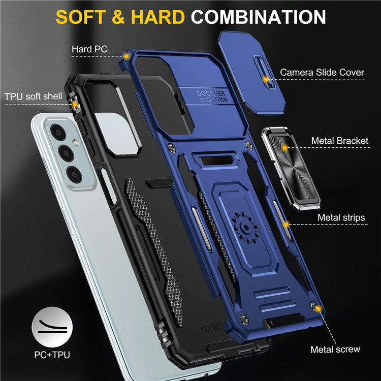 Armor Series for Samsung Galaxy M23 5G / F23 5G / M13 4G PC + TPU Anti-Scratch Phone Case Slide Camera Protection Kickstand Shockproof Cover - Navy Blue