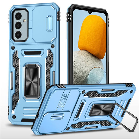 Armor Series for Samsung Galaxy M23 5G / F23 5G / M13 4G PC + TPU Anti-Scratch Phone Case Slide Camera Protection Kickstand Shockproof Cover - Sky Blue
