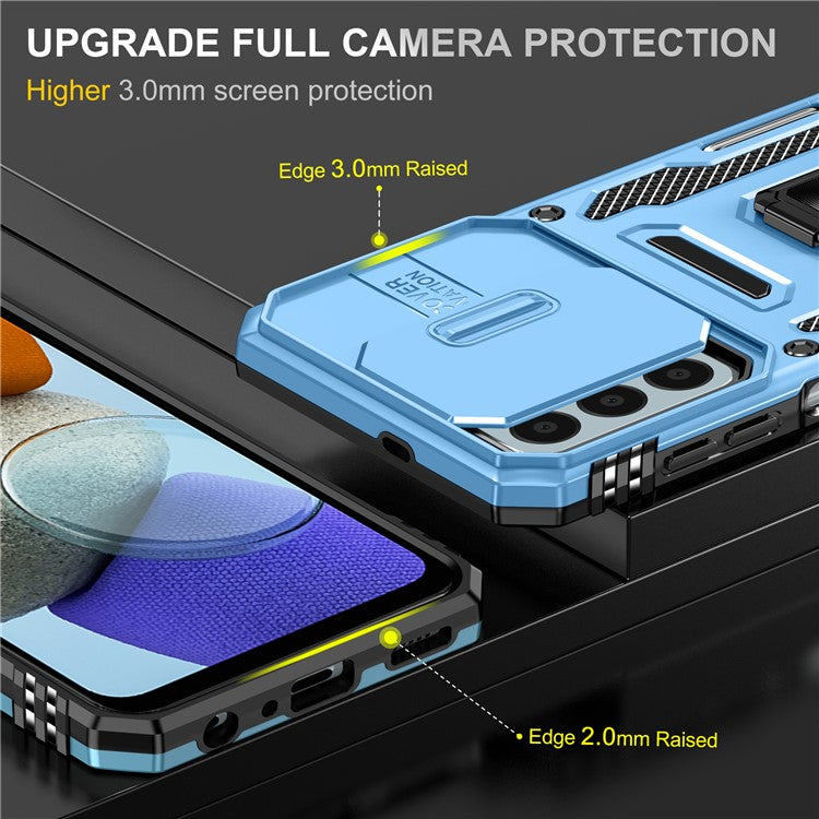 Armor Series for Samsung Galaxy M23 5G / F23 5G / M13 4G PC + TPU Anti-Scratch Phone Case Slide Camera Protection Kickstand Shockproof Cover - Sky Blue