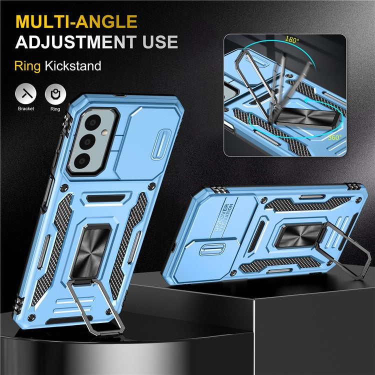 Armor Series for Samsung Galaxy M23 5G / F23 5G / M13 4G PC + TPU Anti-Scratch Phone Case Slide Camera Protection Kickstand Shockproof Cover - Sky Blue