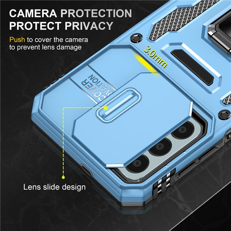 Armor Series for Samsung Galaxy M23 5G / F23 5G / M13 4G PC + TPU Anti-Scratch Phone Case Slide Camera Protection Kickstand Shockproof Cover - Sky Blue
