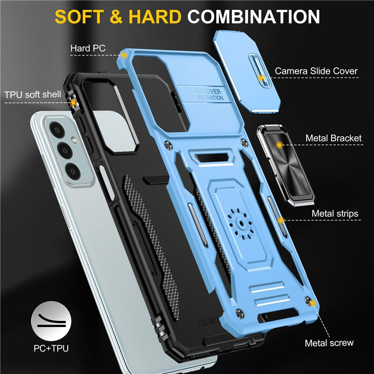 Armor Series for Samsung Galaxy M23 5G / F23 5G / M13 4G PC + TPU Anti-Scratch Phone Case Slide Camera Protection Kickstand Shockproof Cover - Sky Blue