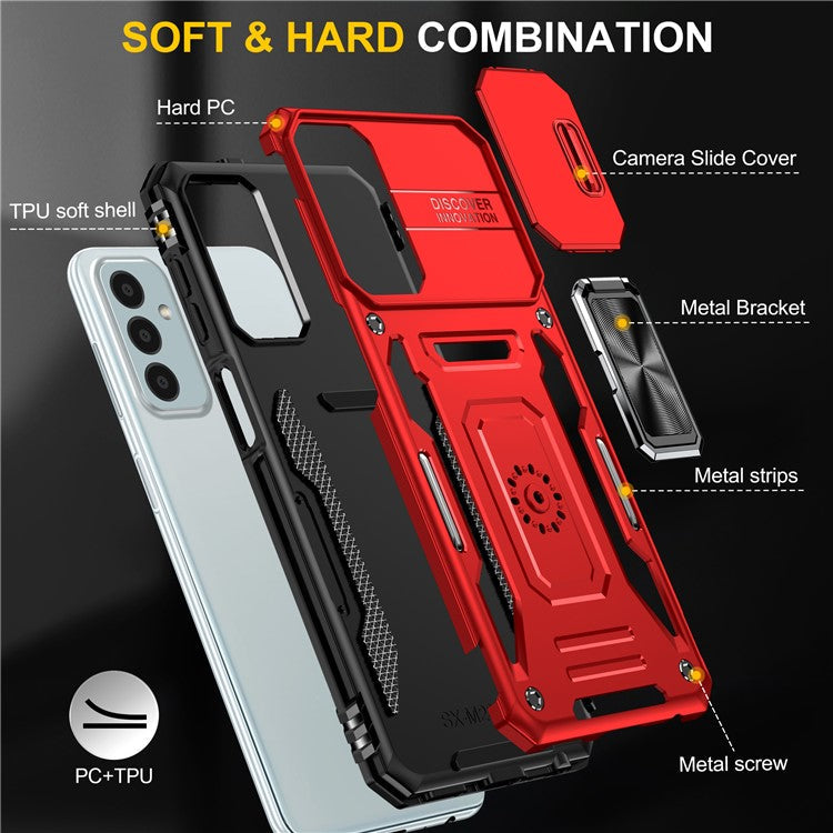 Armor Series for Samsung Galaxy M23 5G / F23 5G / M13 4G PC + TPU Anti-Scratch Phone Case Slide Camera Protection Kickstand Shockproof Cover - Red