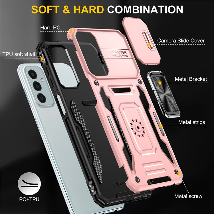 Armor Series for Samsung Galaxy M23 5G / F23 5G / M13 4G PC + TPU Anti-Scratch Phone Case Slide Camera Protection Kickstand Shockproof Cover - Rose Gold